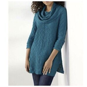 Ali Miles Cowl Neck Tunic Top Sz Petite Large Teal Crinkled Bracelet Sleeves